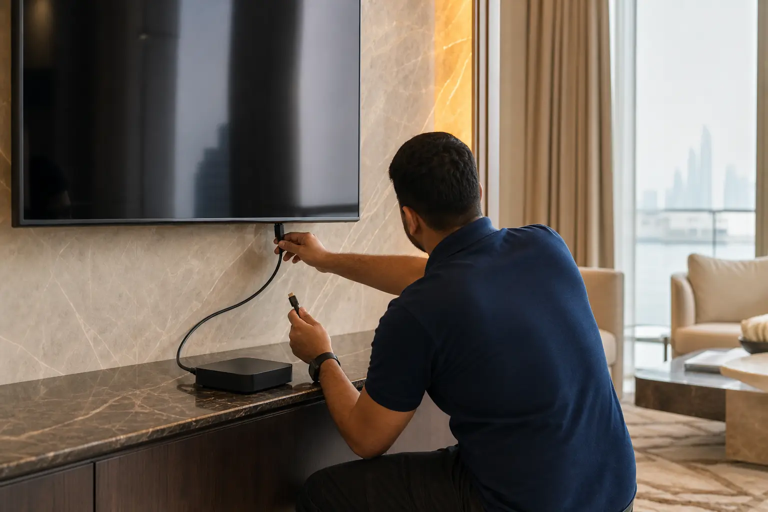 Professional HDMI and living-room device installation in a UAE home