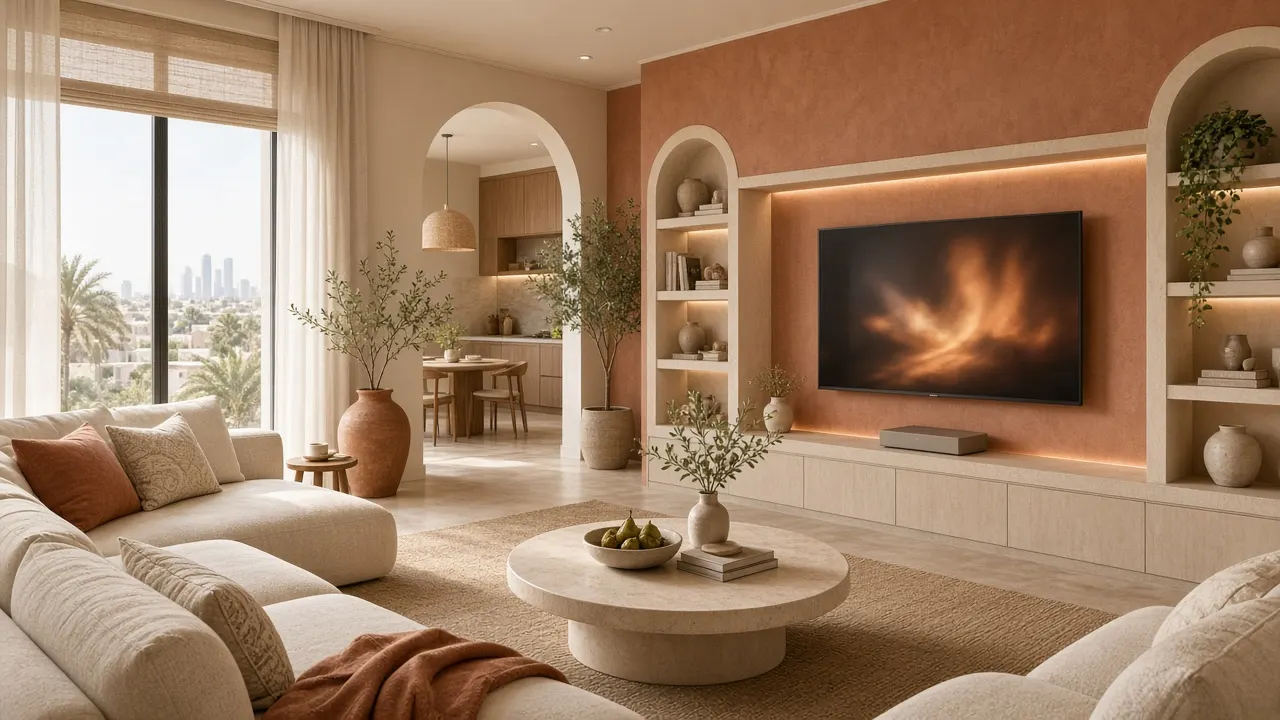 Warm Italian-inspired UAE apartment living room with a television