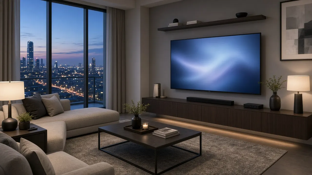 Modern North American style condo living room with a television in the UAE