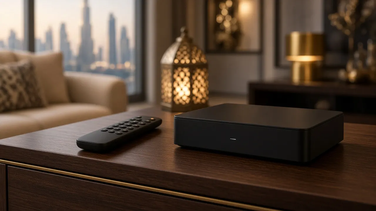 Close-up of an unbranded IPTV box and remote on a media console